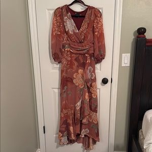 Maison Tara Elegant Rust Colored V-Neck Chiffon Floral Gown